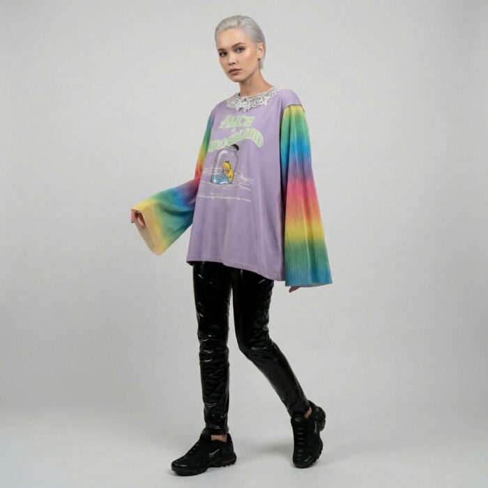 Tee shirt Alice au pays des merveilles manches larges arc-en-ciel plissées