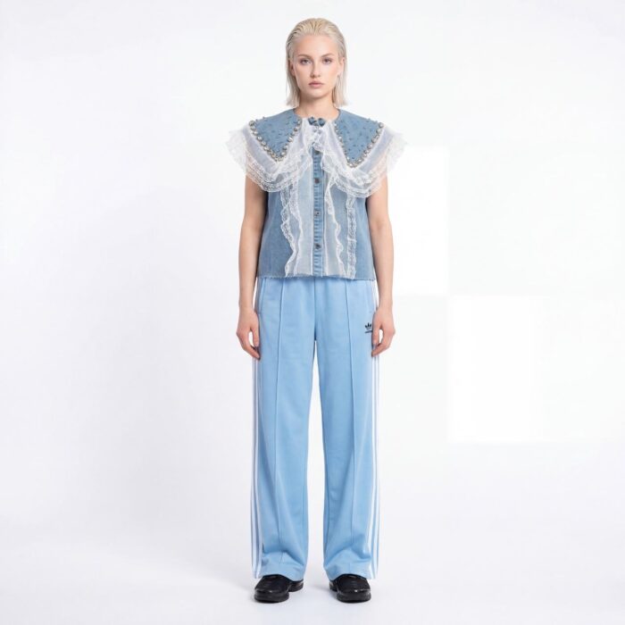 Gilet en jean "Winnie & friends" upcyclé par Aliona Sama avec dentelles strass et fleurs