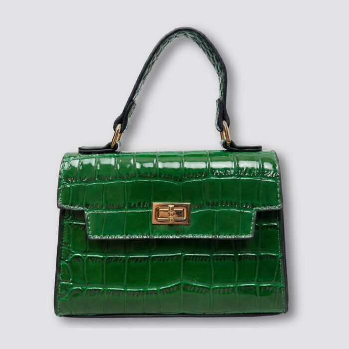 Mini sac à main noir en croco simili-cuir vert modele vue en 3D de face